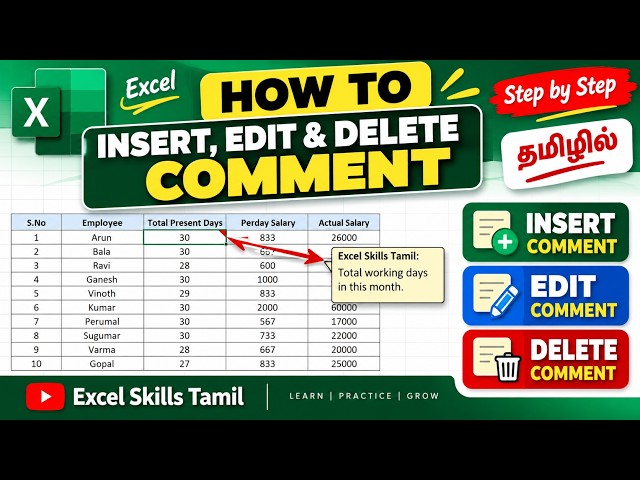 How to Insert, Edit & Delete Comment in Excel | Tamil