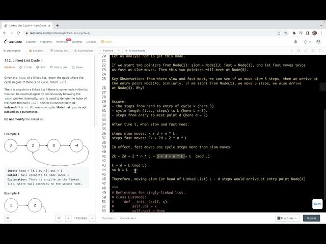 leetcode 142. Linked List Cycle II - slow-fast pointer method