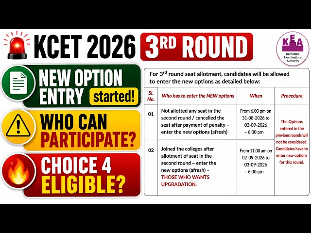 🚨 KCET 3rd Round BIG UPDATE! 😱 NEW OPTION ENTRY | Choice 4 Eligible? | Who Can Participate? KEA 2026