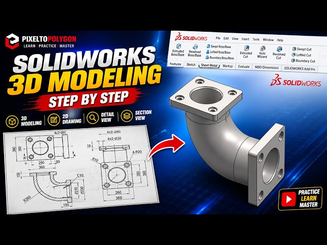SolidWorks 3D Modeling Tutorial | Flanged Elbow Design from 2D Engineering Drawing | PixelToPolygon