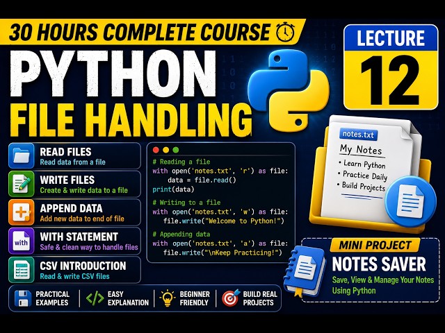 Python File Handling Tutorial | Lecture 12 | Read, Write, Append, with Statement & CSV | Notes Saver