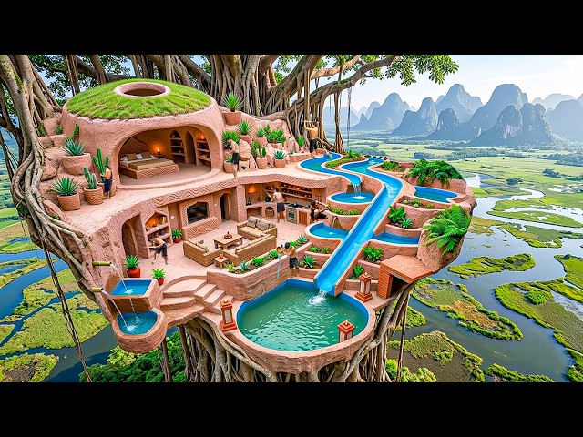 Building a Treehouse Mansion with Spiral Water Slide, & Carved Interior Using Primitive Tools