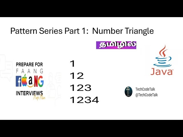 Java Pattern Program #1 | Java Program to print number Triangle | step by step for loop logic |Tamil