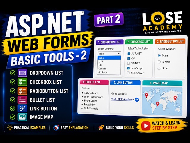ASP.NET Web Forms Basic Controls Tutorial 3 | DropDownList, CheckBoxList, RadioButtonList | Hindi
