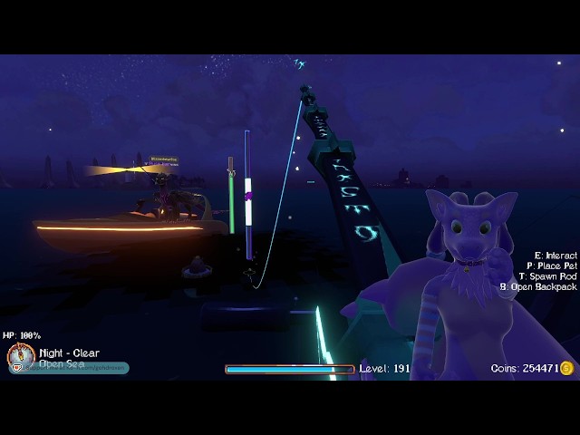 Kobo doing a lot of fishing, with frens! Trying to get the Leviathan!
