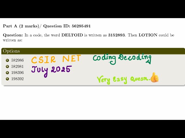 CSIR NET Part A Reasoning | Coding Decoding Trick | Quesn Id:56295491 | Find LOTION