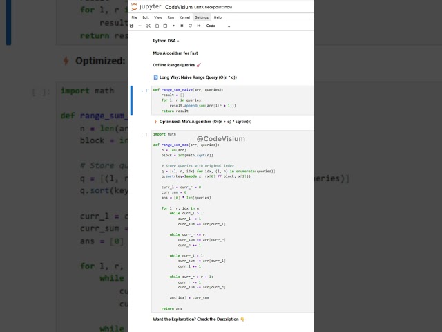 Python DSA – Mo’s Algorithm for Fast Offline Range Queries 🚀 #PythonDSA #MosAlgorithm