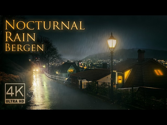 Nocturnal Rain in Bergen | 4k Ambient Night Walk | Binaural City Sounds for Relaxation