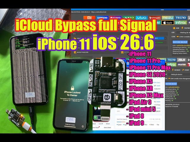 Bypass iCloud Passcode iPhone 11 iOS 26.6 with full Sim  net work  via Unlock-Tool PWND via USB A