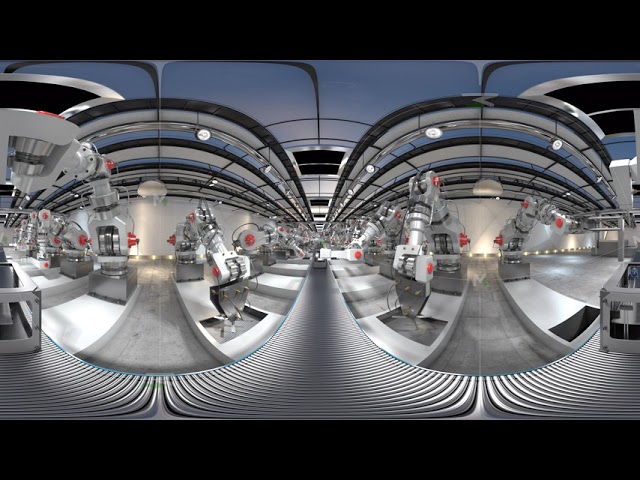 Robotic Arm Assembling 3d Printer On Conveyor Belt. 8K 360 VR animation