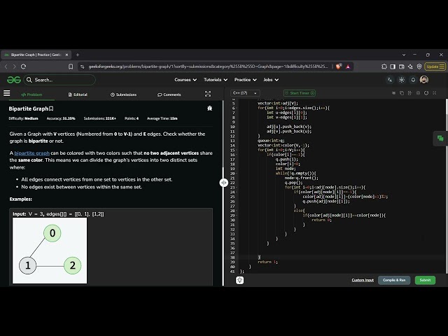 Bipartite Graph | GFG Solution in C++ | BFS Graph Coloring Explained