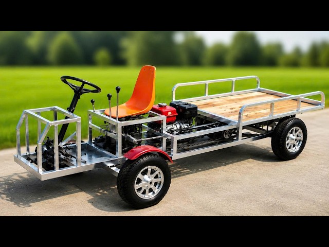 THE FARMER HANDMADE HIS OWN FOUR-WHEELED CARGO VEHICLE.