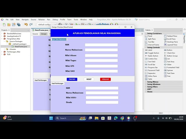 Video tutorial UTS Praktikum Pemrograman Java GUI (Swing) – Aplikasi Pengolahan Nilai Mahasiswa.
