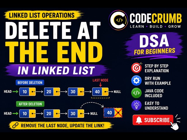 Linked List in Java | Delete Node at End | Singly Linked List | DSA