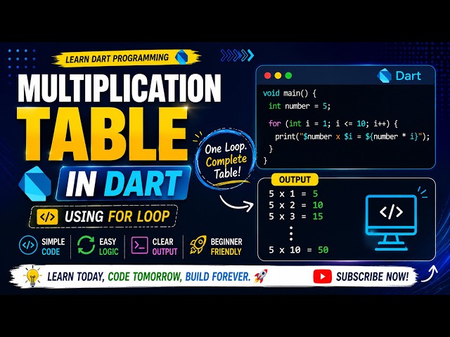 Multiplication Table in Dart Using For Loop | Dart Programming Tutorial