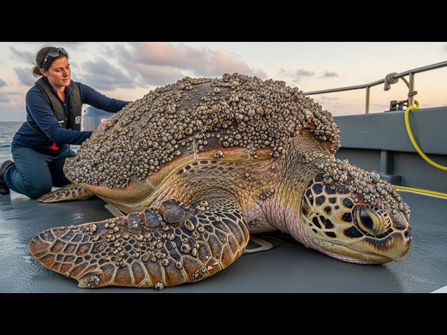 Removing Barnacles from Giant Sea Turtle Satisfying Rescue Mission