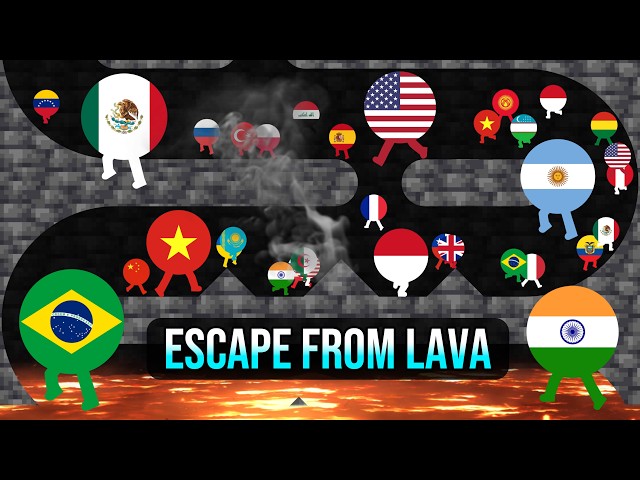 34 Legged Countries Escape from the Lava - Survival Country Marble Race in Algodoo
