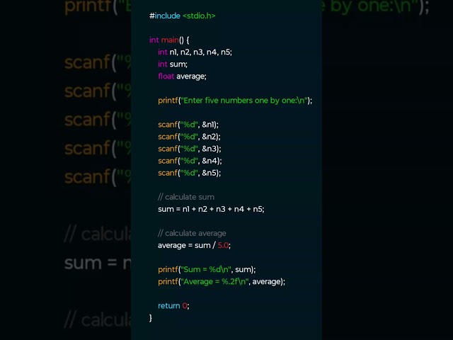 Average of 5 Numbers in C | Beginner Logic | #clanguage #cprogramming #codingtips