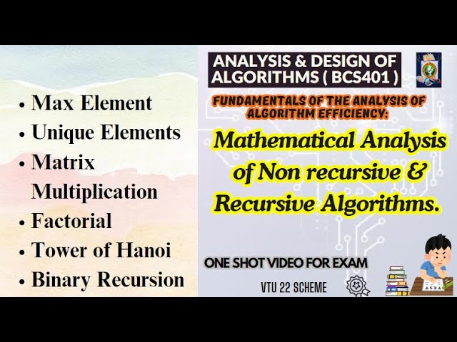 ADA BCS401 Mod1: Mathematical Analysis of Non-Recursive & Recursive Algorithms #vtu #ada #vtupadhai