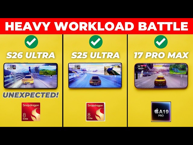 Galaxy S26 Ultra vs iPhone 17 Pro Max vs Galaxy S25 Ultra – Heavy Workload Performance Test!
