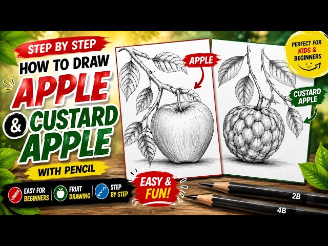 How to Draw Apple & Custard Apple with Pencil | Easy Fruit Drawing Tutorial for Beginners