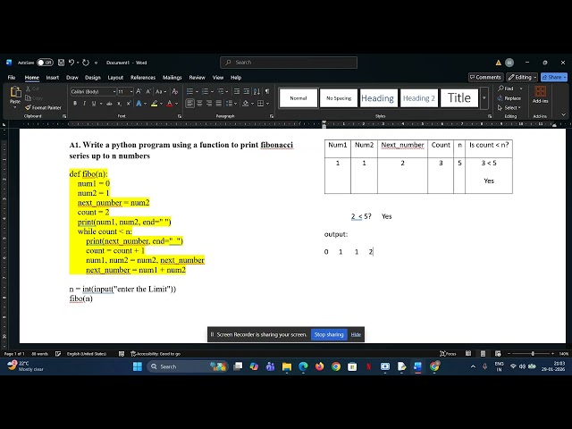 2nd PU - Computer Science Python Practical Program - a1) Fibonacci series