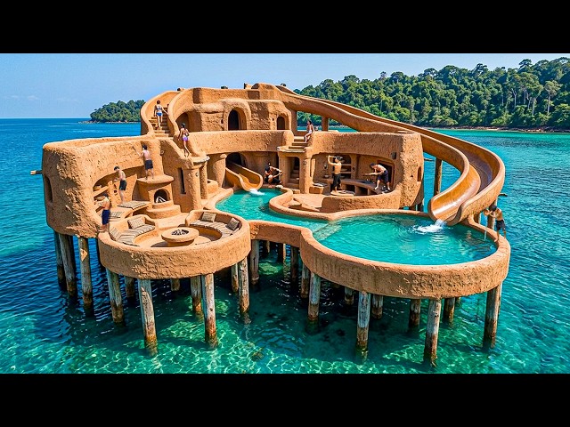 Building a Luxury Stilt House Over the Sea with Multi-Level Pool & Carved Stone Using Primitive Tool