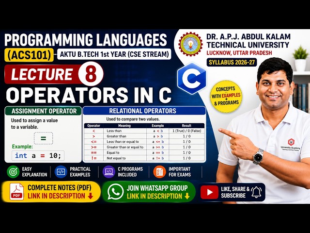 Programming Languages AKTU | Arithmetic & Relational C Operators Explained | Lecture 8 | ACS101