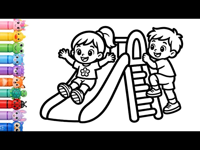 Cute Boy & Girl Sliding on a Slide 🛝 | Easy Drawing for Kids & Toddlers | Step by Step