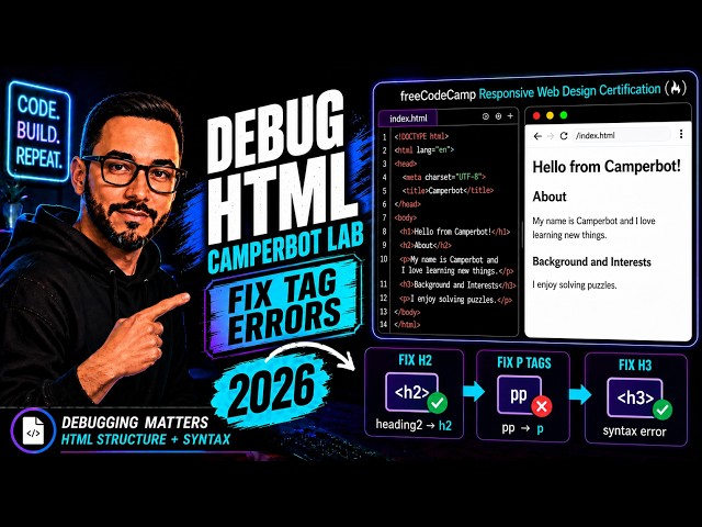 freeCodeCamp HTML Debug Lab | Fixing Camperbot’s Profile Page, h2, p & h3 Errors, Responsive Web