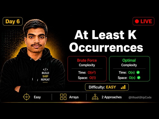 [Day 6] At Least K Occurrences — Brute Force → Hash Map | Live DSA | @VikashShipCode
