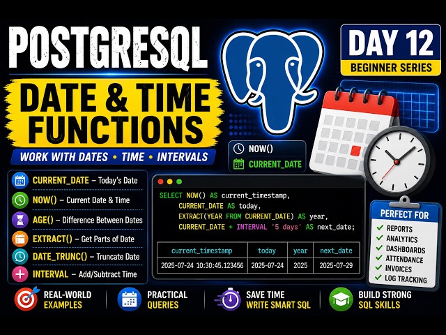 PostgreSQL Day 12 | Date & Time Functions | CURRENT_DATE, NOW(), AGE(), EXTRACT() & More