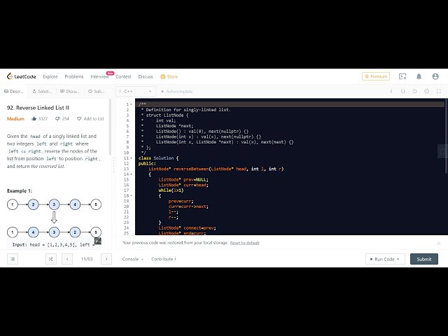 92. Reverse Linked List II LeetCode / Explanation and C++ code