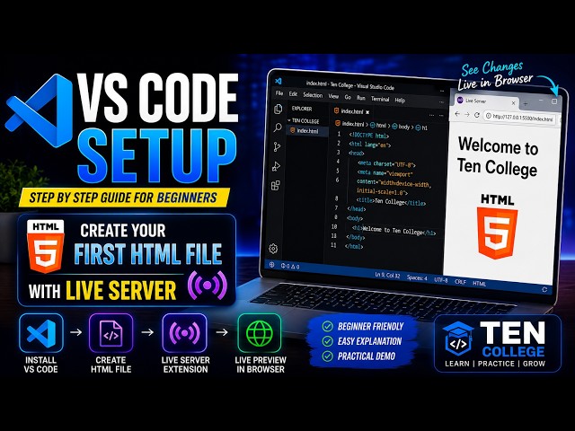 🎯How to Install VS Code on Windows (2026) | First HTML File + Live Server Tutorial | TEN COLLEGE