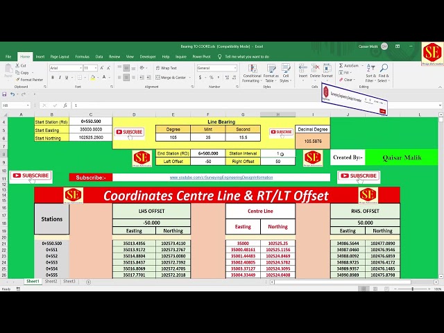 Line Bearing to Coordinates Calculation Sheet in Excel | CL RT Lt Offset |