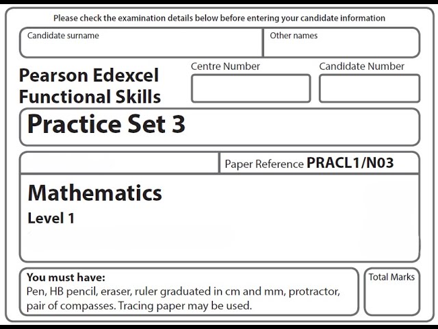 Functional Skills Maths L1 Practice Paper 3 Pearson Edexcel (Complete)