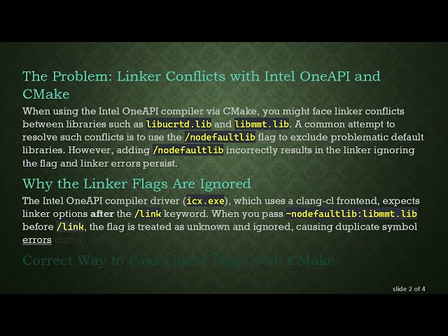 Resolving Linker Flags Order in Intel OneAPI Compiler with CMake