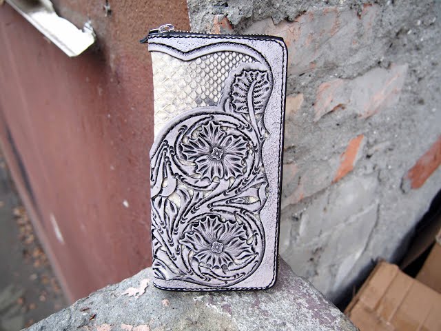 Sheridan Tooled Leather Wallet with Python Inlay – Western Floral Long Zip Wallet
