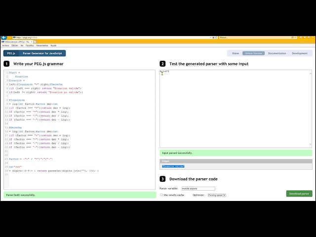 Generación y explicación de un PARSER con PEG js Reglas gramaticales