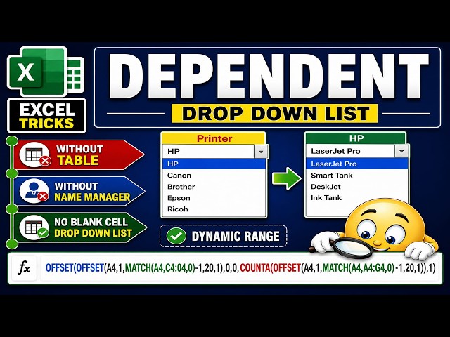 Excel Trick #33: Dynamic Dependent Dropdown in Excel without Blank Cells | No Table & Name Manager