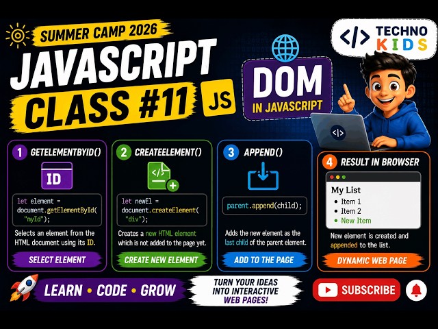 Class 11 | JavaScript DOM Manipulation for Beginners | getElementById, createElement & append()