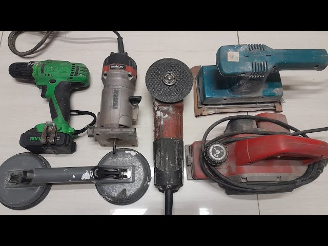 Engineering Tools Collection, Drill, Grinder, Hammer, Screwdriver, Pliers, Wrench, Cutting Pliers.