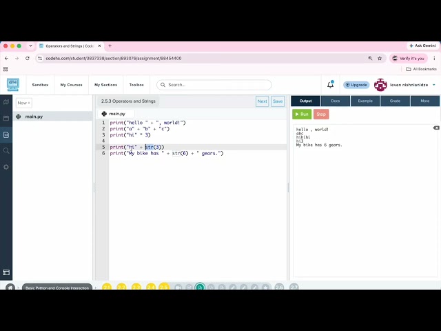 Arduino + python 2.5.3 სავარჯიშო - Operators and strings /codehs.com / პროგრამირება 