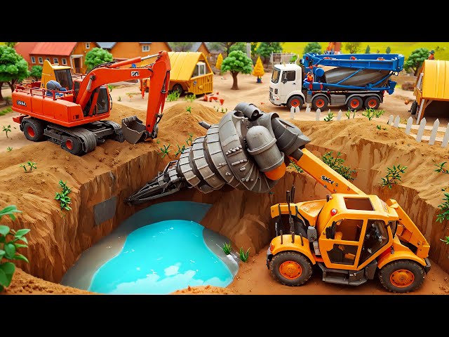 Construction Works: Excavator, Drill & Cement Mixer Dig for Underground Water 💧🚧
