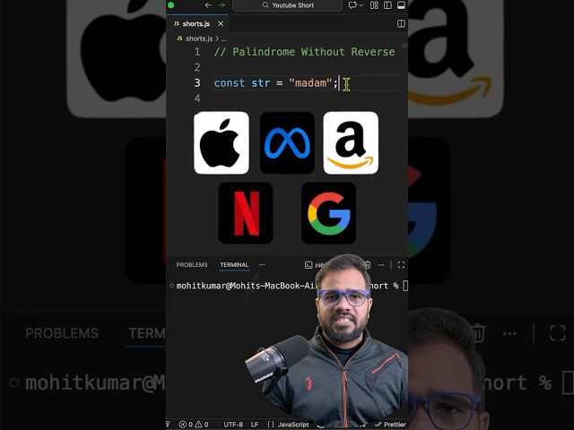 Check Palindrome Without reverse() | JavaScript Interview Question #dsa #interview #coding