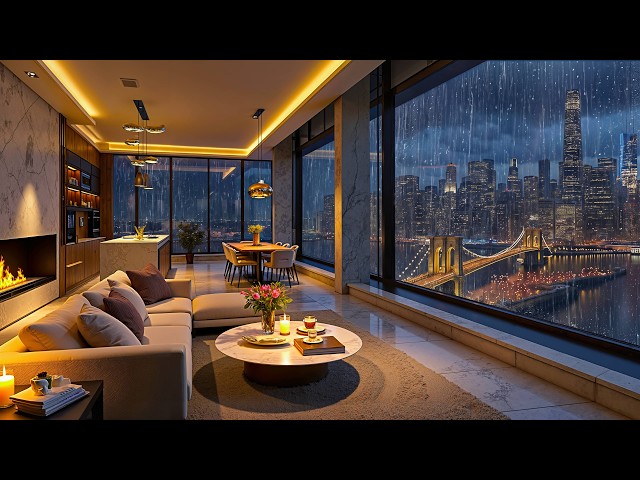 Peaceful Midnight Rain Apartment Jazz | Soft Piano Jazz and City Bridge View for Relaxation