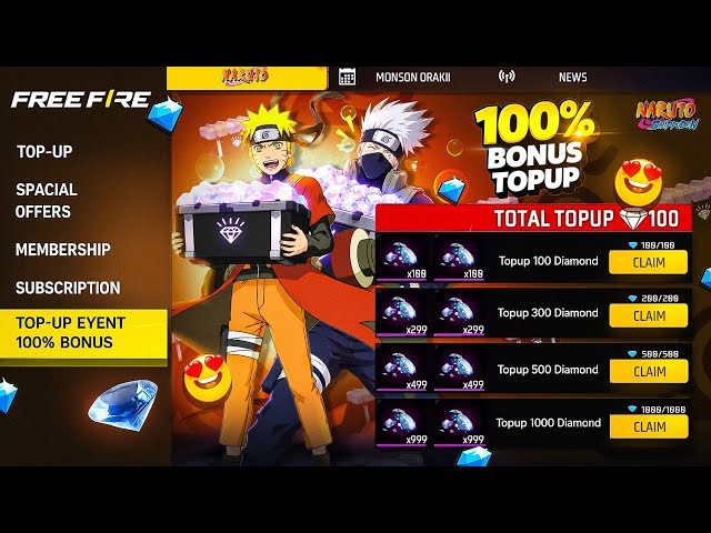 100% Bonus🔥 Top Up Event-🇮🇳 | Naruto Top Up Event Free Fire| Upcoming New Events Free Fire| Ff Event