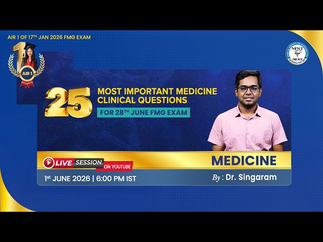 MIST bring 25 Most Important Questions from Medicine on 1st June 2026 for 28 th June 2026 FMG Exam