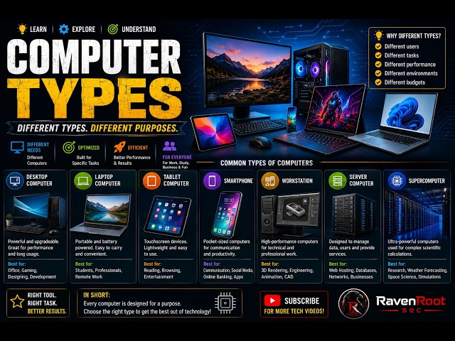 Computer Types Explained | Supercomputer, Mainframe, Server, Desktop, Laptop & More (Beginner Guide)
