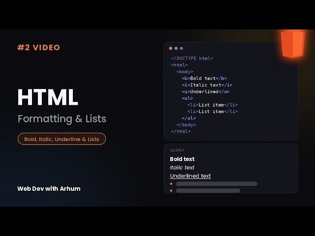 HTML Course For Beginners (#2 Video) | Bold, Italic, Underline & Lists in HTML